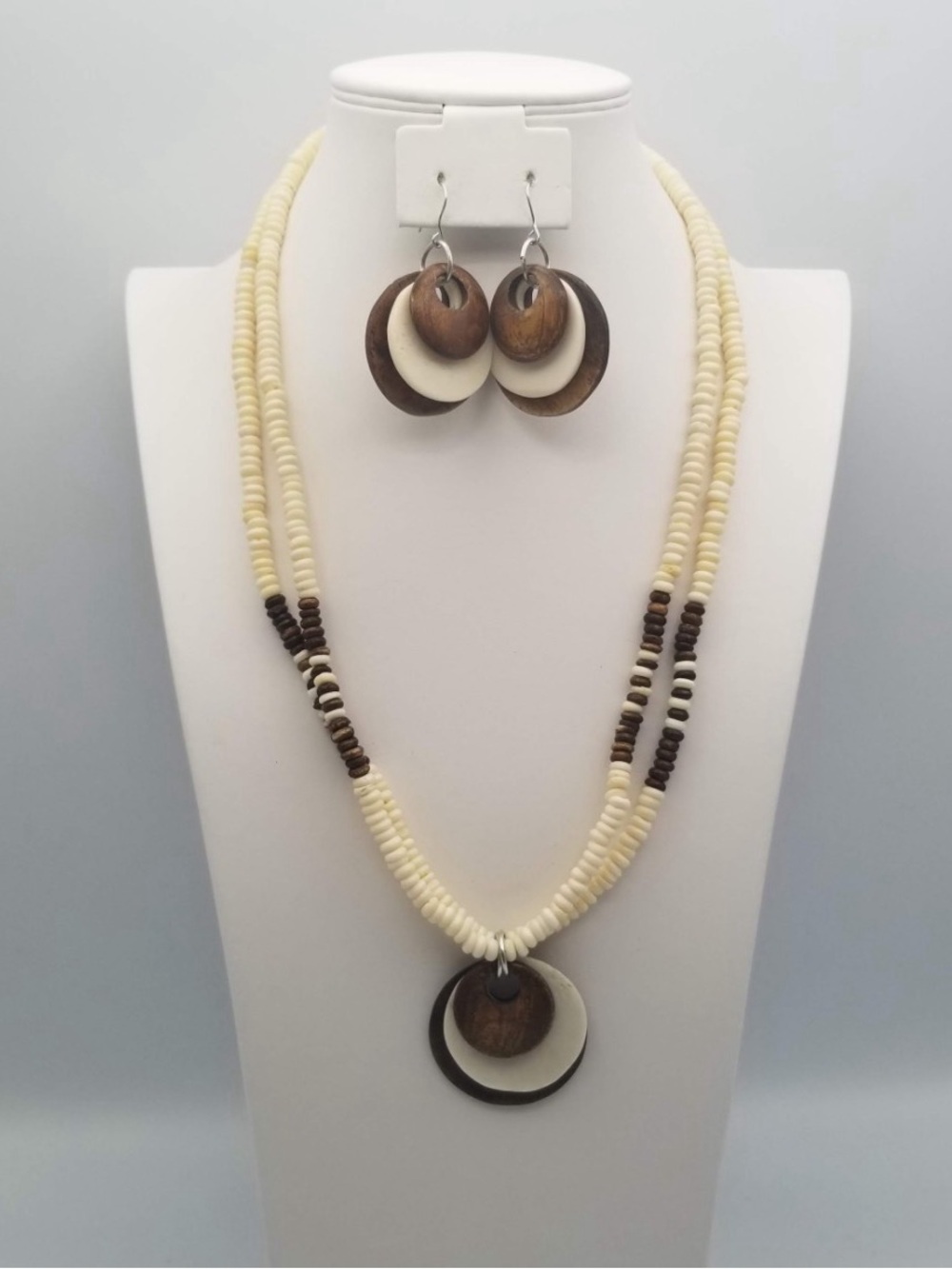 Natural Cream and Brown Beaded Necklace & Earring Set